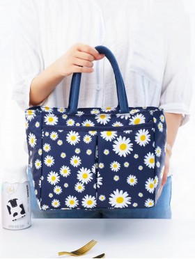 Daisy Print Insulated Lunch Bag with Zip Closure and Outside Pockets